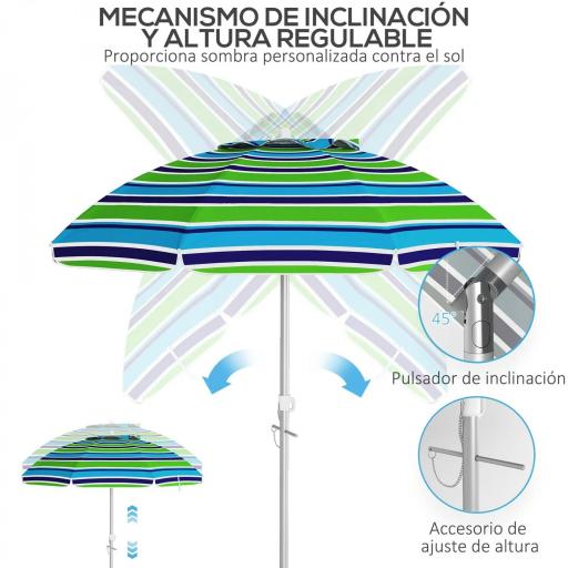 Sombrilla de Playa Ø178x205 cm con Reclinación 45° Altura Ajustable Anti-UV Impermeable y Bolsa de Transporte Multicolor [5]
