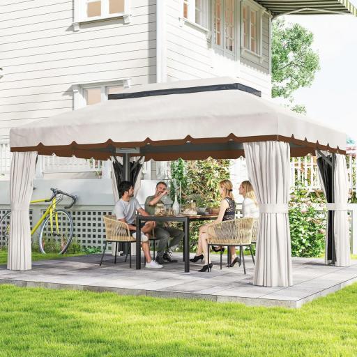 Cenador de Jardín 4x3m Pabellón de Jardín Gazebo con Doble Techo 4 Cortinas y Mosquitera Marco de Aluminio UPF50+ Crema [2]