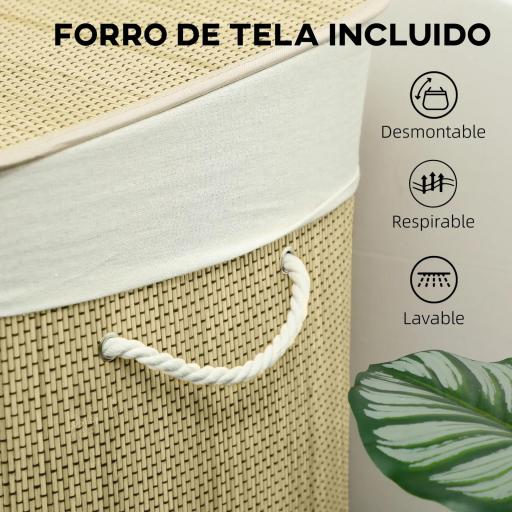 Cesto de Ropa Sucia de Bambú con 1 Compartimento Asas para Facilitar el Uso y Bolsas Desmontables Lavables 60x40x60 cm [3]