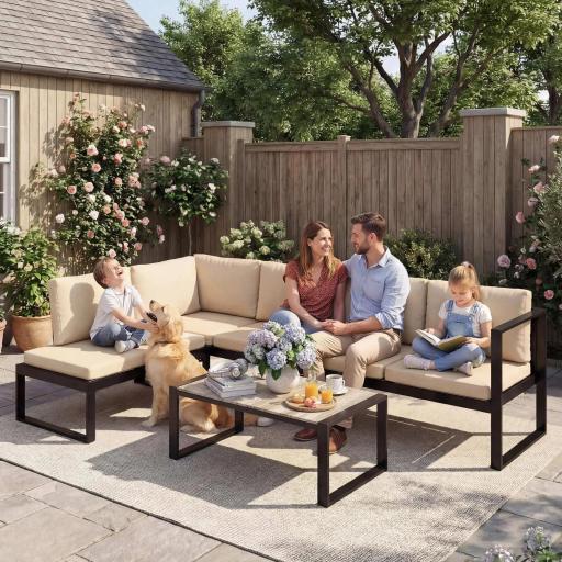 Conjunto de Jardín Exterior de 4 Piezas con 2 Sofás de 2 Plazas 1 Sillón sin Brazos y Mesa de Centro con Cojines Caqui [6]