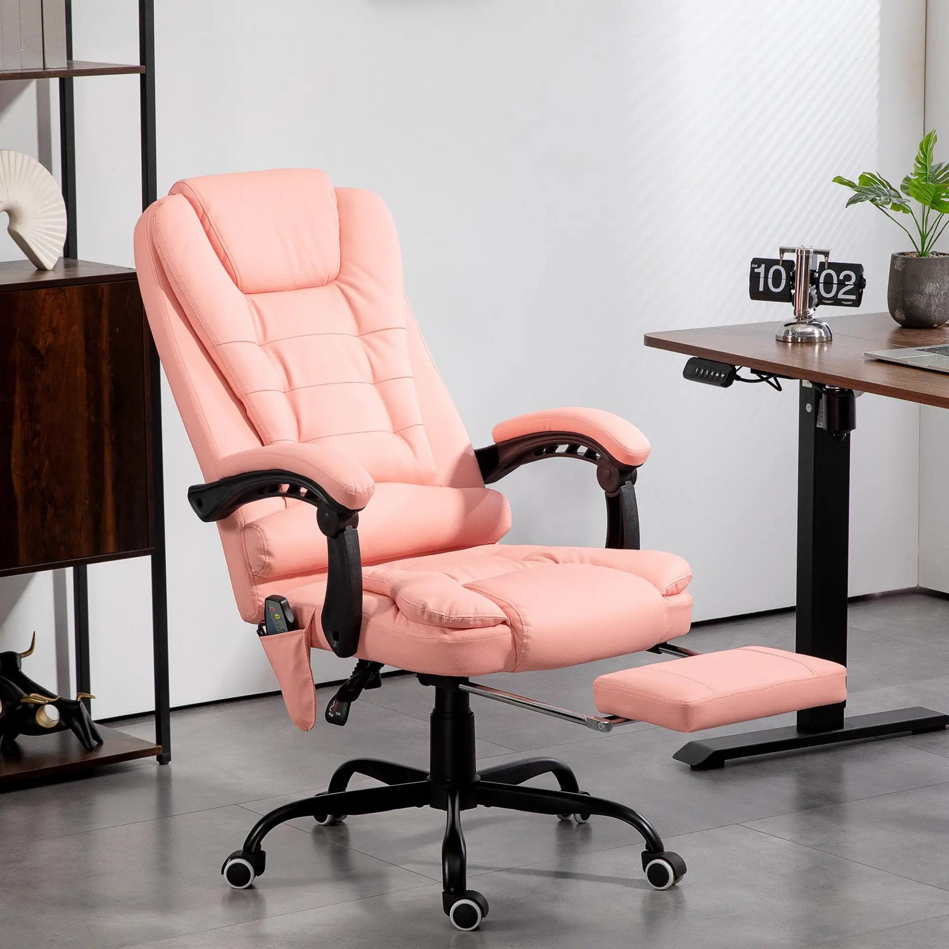 Silla de Oficina con 7 Puntos de Masaje con Reposapiés Retráctil Altura Ajustable Control Remoto y Tejido de PU Rosa