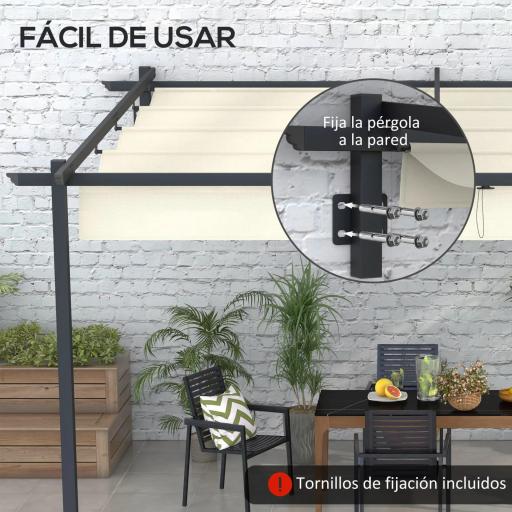 Pérgola 4x3 m Cenador de Jardín con Techo Retráctil de Poliéster y Marco de Acero Crema y Gris Oscuro [2]