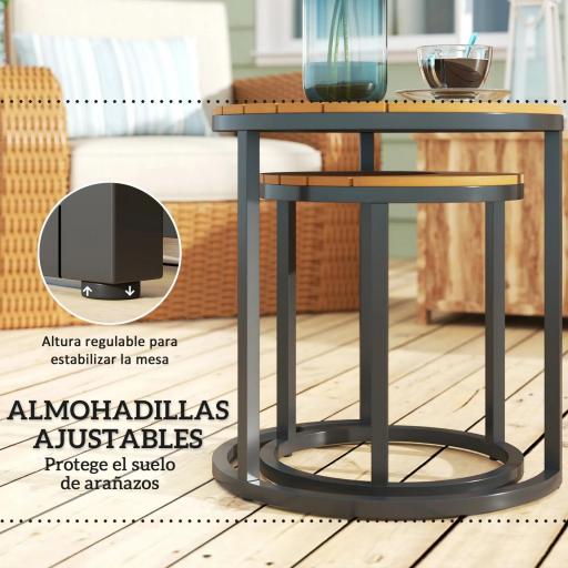 Juego de 2 Mesas de Jardín con Encimera de Madera de Acaica Diseño Listones con Marco de Acero y Pies Ajustables Teca [2]