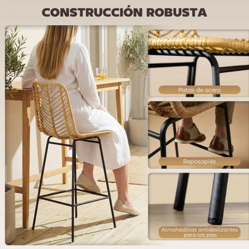 Taburetes Altos de Cocina Juego de 2 con Asiento de Ratán Sintético Taburetes de Bar con Patas de Acero 42,5x52x102 cm Natural [3]