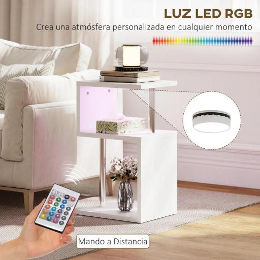Mesa Auxiliar con Luz LED de 3 Niveles con Estantes y Estructura de Aluminio para Salón Dormitorio 44x38x75 cm Blanco [5]