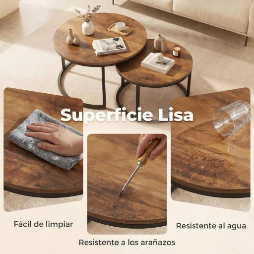 Set de 2 Mesas de Centro Redondas Mesas Nido Industriales con Estructura Metálica para Salón o Dormitorio Marrón [4]