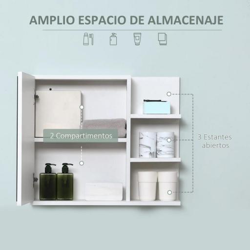 Armario con Espejo para Baño con 3 Estantes Abiertos y 1 Estante Interior Estilo Moderno 60x18x50 cm Blanco [6]