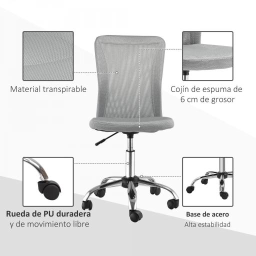 Silla de Escritorio Giratoria sin Brazos Silla de Malla con Altura Ajustable Carga 100 kg 43x58x90-100 cm Gris [3]