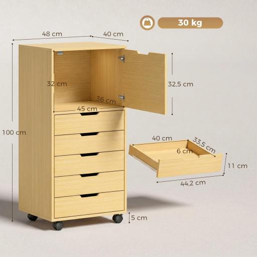Cajonera de Oficina con 5 Cajones Ruedas y Armario con Cierre Suave Soporte para Impresora Natural [1]