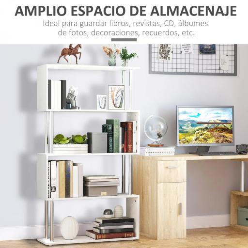 Librería en Forma S Estantería para Libros de 4 Niveles Mueble Estantería para Salón Oficina Estudio 80x30x145 cm Blanco [3]