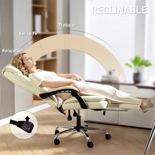 Silla de Escritorio con Reposapiés Respaldo Reclinable Acolchado Grueso Tapizada en Cuero Sintético Beige [2]