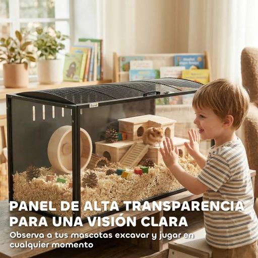 Jaula para Hámster Grande 105x51x53 cm con Tapa Ventilada Abatible, Marco de Acero, Paneles Transparentes Negro [6]