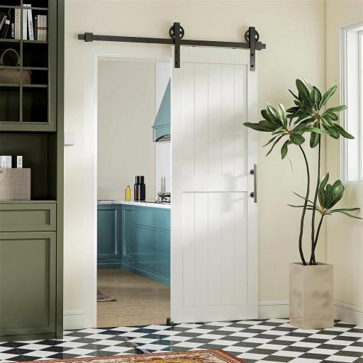 Puerta Corredera de Granero con Herrajes Manija Rodillo y Guía de Suelo Mejorados para Baño Salón 71,5x213,4 cm Blanco [8]