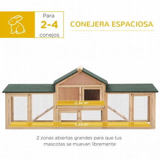 Conejera de Exterior Grande Jaula de Madera para 2-4 Conejos con Techo Asfáltico Recinto de Alambre Bandeja Extraíble y Rampas 210x45,5x84,5 cm Natural y Verde [3]