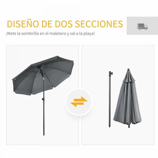 Sombrilla de Playa con Protección UV50+ Mástil de Ø32 mm y Toldo Ajustable Ø180x209 cm Gris Oscuro [5]