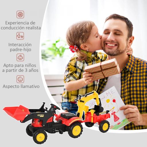 Tractor a Pedales con Remolque Excavador con Pala Frontal Juguete de Conducción para Mayores de 3 Años Dirección y Palas Fáciles de Controlar Soporta hasta 35 kg 179x42x59 cm Rojo [2]