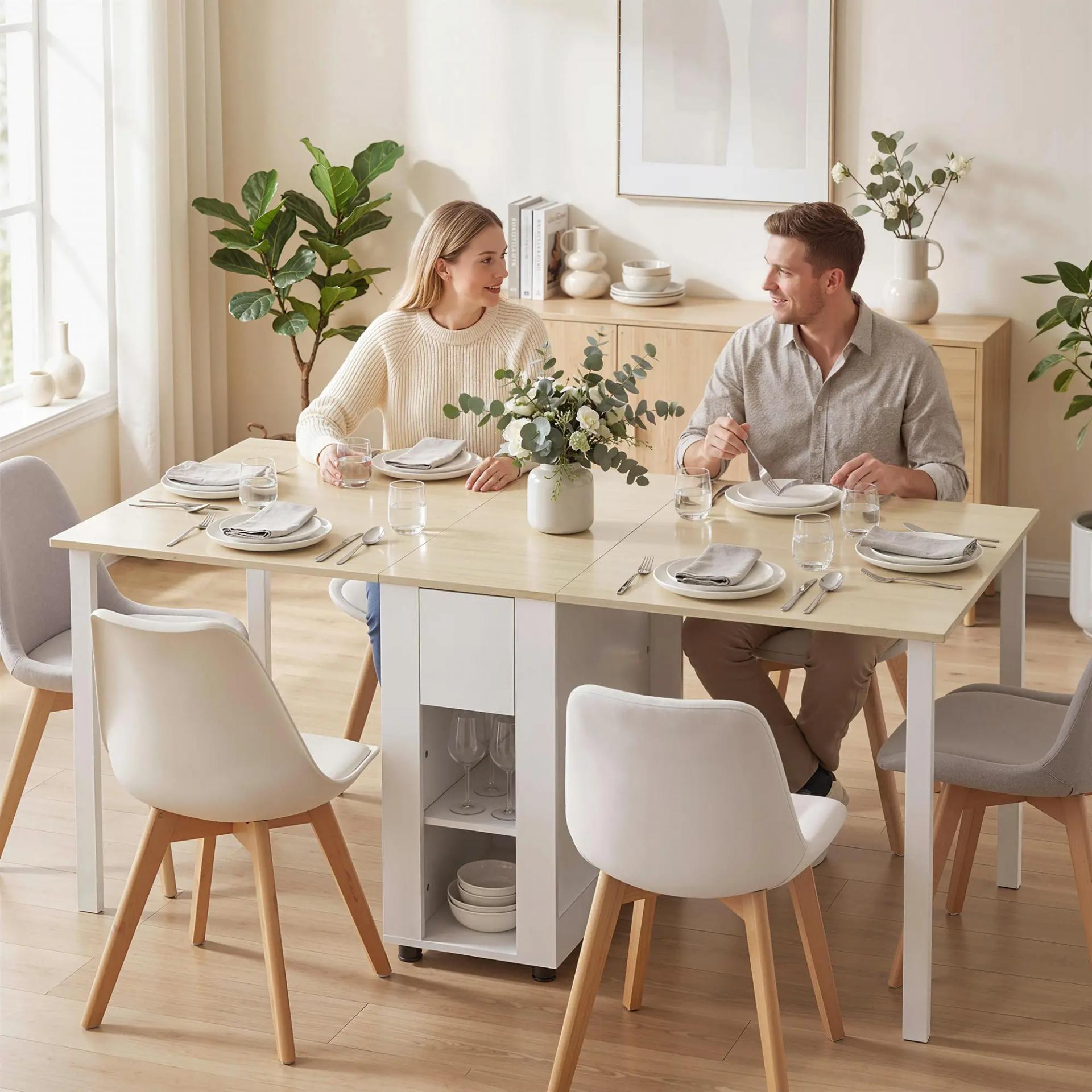 Mesa de Cocina Plegable para 6 Personas con Alas Abatibles Cajón Estantes Abiertos 168,2x85x73 cm Blanco