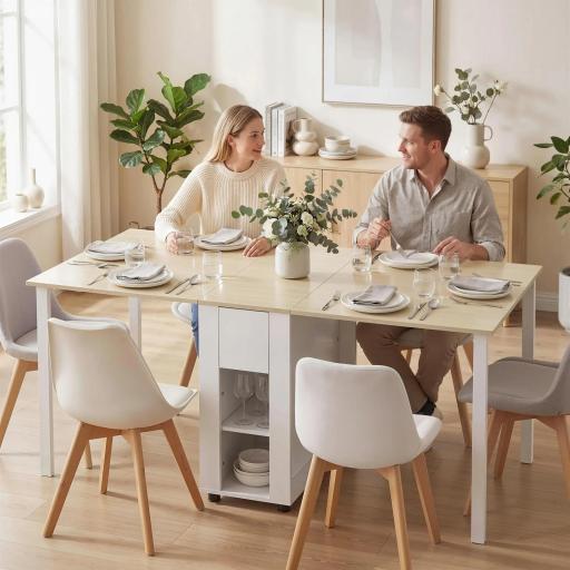 Mesa de Cocina Plegable para 6 Personas con Alas Abatibles Cajón Estantes Abiertos 168,2x85x73 cm Blanco