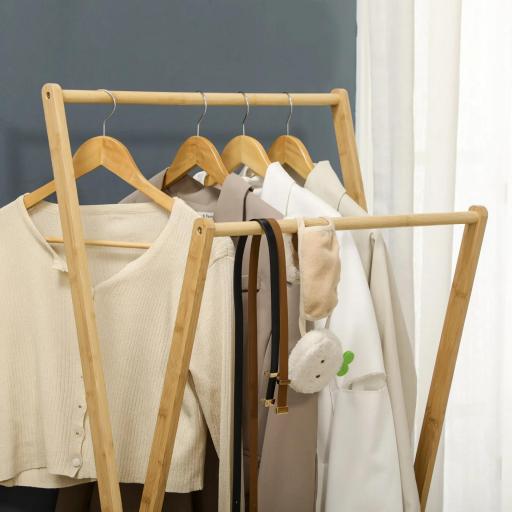 Perchero de Pie de Bambú con Estante para Zapatos 2 Barras y 2 Ganchos para Dormitorio Entrada 74x42x150 cm Natural [7]