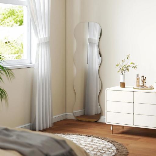 Espejo de Pie Cuerpo Entero sin Marco Espejo de Pie Forma Ondulada con Soporte y Base de Madera 50x2,7x160 cm Negro [6]