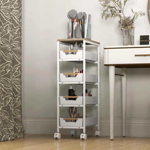 Carro de Cocina de 5 Niveles Carrito Auxiliar con Ruedas Tablero Efecto Madera Cajones Extraíbles 39,5x24x82 cm Blanco [2]