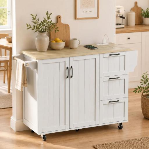 Isla de Cocina con Encimera Extensible Estación de Carga Ruedas 2 Puertas 3 Cajones Especiero y Toallero Blanco [6]