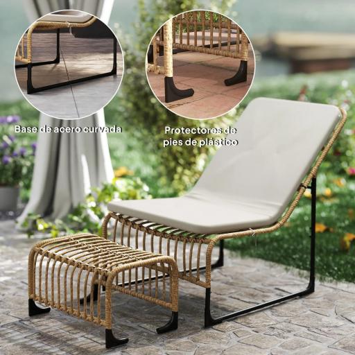 Sillón de Exterior con Reposapiés, Cojín Acolchado y Estructura de Acero con Ratán Sintético Duradero 93x65x80 cm Beige [1]