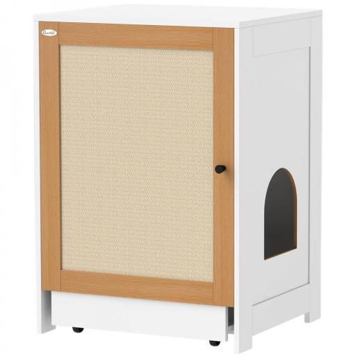 Mueble Arenero para Gatos con Bandeja Extraíble Compartimentos y Tapete para Rascar 57x50x80,5 cm Blanco y Roble [9]