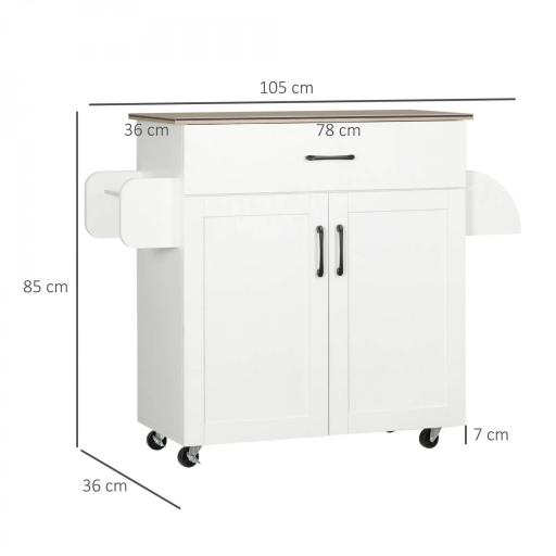 Carro de Cocina con 1 Cajón 2 Puertas Barra de Colgar y Especiero Carrito Auxiliar con Ruedas 105x36x85 cm Blanco [1]