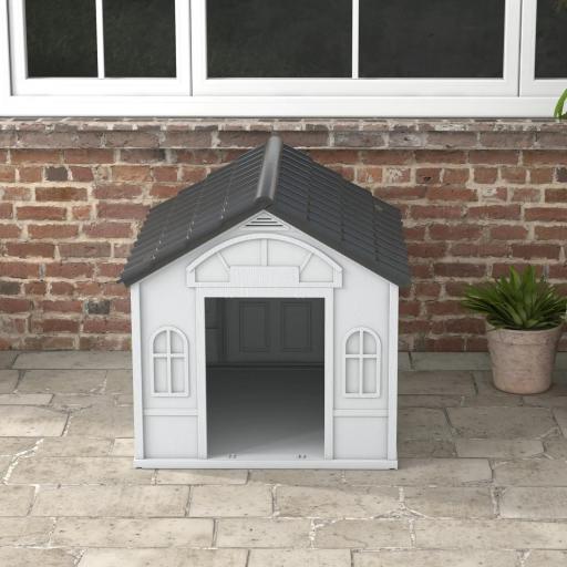  Casa para Perros 84,2x98,2x82 cm con Patrón de Ventana y Techo de Tejas de Imitación para Perros Grandes Gris y Blanco [6]