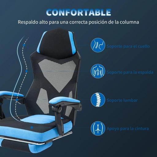 Silla Gaming con Reposapiés Altura Regulable y Respaldo Reclinable 135° 58x63x112-122 cm Azul y Negro [5]
