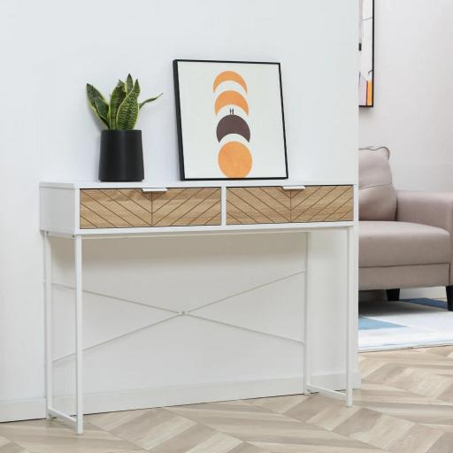 Mesa de Consola Estrecha con 2 Cajones Diseño de Líneas Talladas Estilo Moderna Blanco y Roble