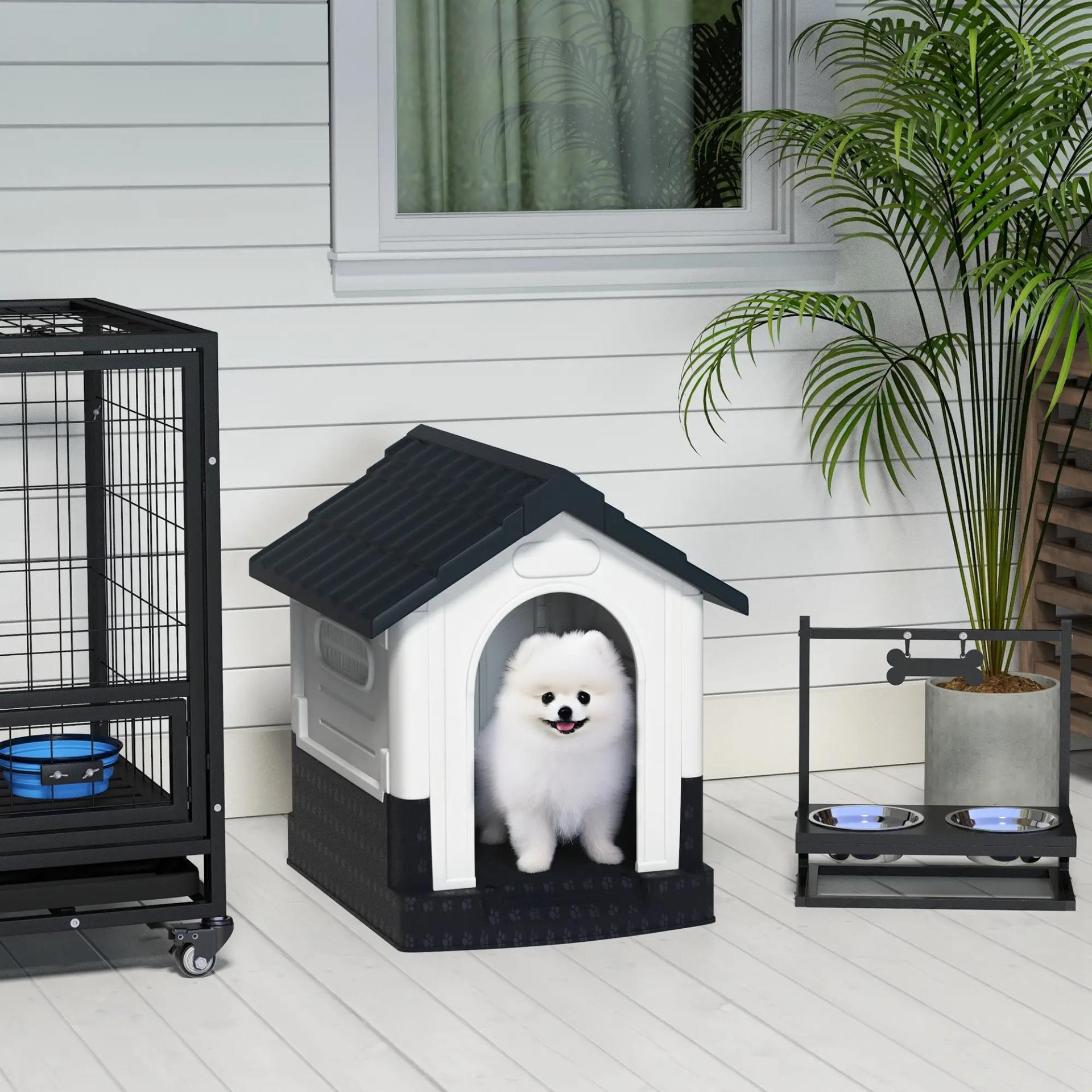 Caseta para Perros Mini para Exterior de Plástico con 3 Ventanas Base Elevada Techo Inclinado 64,5x57x66 cm Gris Oscuro