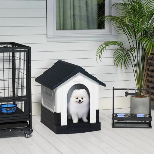 Caseta para Perros Mini para Exterior de Plástico con 3 Ventanas Base Elevada Techo Inclinado 64,5x57x66 cm Gris Oscuro