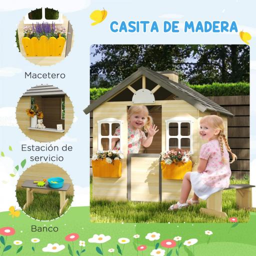 Casita Infantil de Juegos Exterior para Niños de 3 -7 Años con Ventanas 2 Jardineras y 1 Banco 113x94x134,5 cm Natural [2]