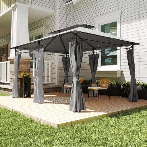 Cenador de Jardín de 4x3 m con Doble Techo Paredes Laterales Resistente al Agua para Exterior Terraza Gris Oscuro [6]