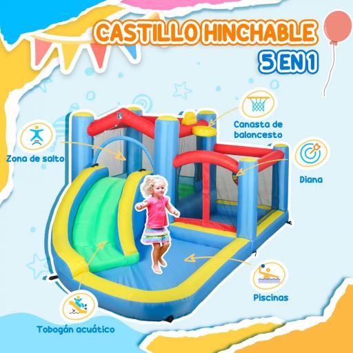 Castillo Hinchable 5 en 1 con Tobogán Piscinas y Canasta Incluye Inflador y Bolsa de Transporte 385x290x180cm Multicolor [4]