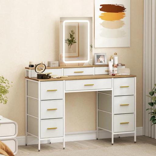 Tocador de Maquillaje con Luces LED de 3 Colores Espejo Tocador con 10 Cajones de Tela Patas de Acero Natural