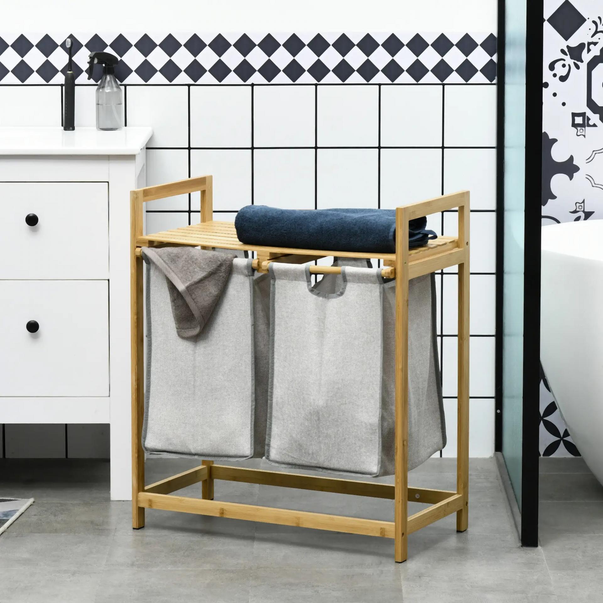 Cesto de la Ropa Sucia de Bambú con 2 Bolsas Extraíbles y Estante Carga 20kg 2x40,6L 64x33x73 cm Natural