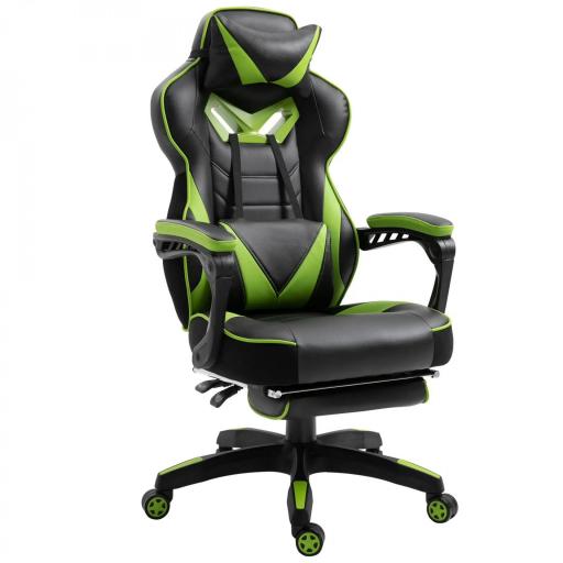 Silla Gaming Ergonómica Silla de Escritorio de Oficina Regulable en Altura Reclinable Respaldo con Reposapiés Reposacabezas Cojín Lumbar Ruedas 65x70x118,5-128,5 cm Verde [8]