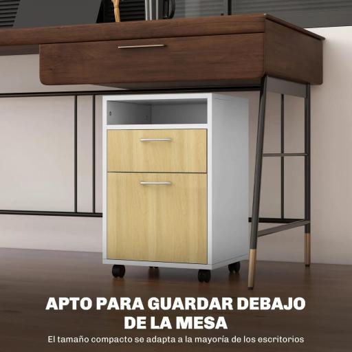 Cajonera de Oficina Móvil con Cajón y Armario con Ruedas Soporte de Impresora para Estudio 40x35x60 cm Blanco y Natural [3]