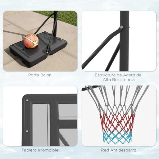 Canasta de Baloncesto de Exterior 2 en 1 con Altura Ajustable 230-305 cm Aro de Baloncesto con Soporte Ruedas Base Negro [4]