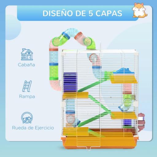 Jaula de Hámster con Túnel Plataformas Cuenco Bebedero Casita Rampas y Rueda de Ejercicio 46x30x58 cm Naranja [3]