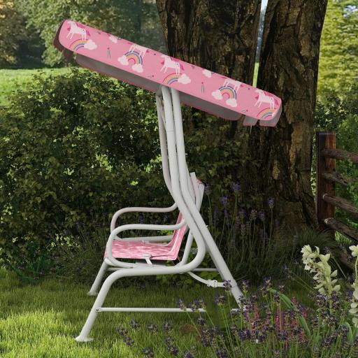 Columpio Jardín Exterior para niños 2 Plazas Toldo Ajustable Cinturones de Seguridad Diseño de Unicornio Arcoíris Rosa [7]