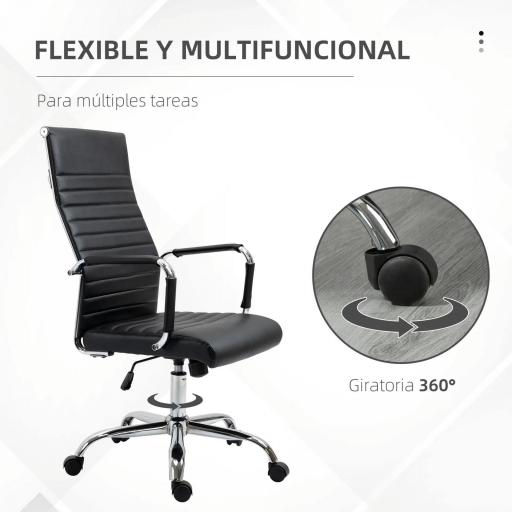 Silla de Escritorio Giratoria Silla de Oficina con Respaldo Alto Ruedas Giratorias Altura Ajustable Función Basculante y Reposabrazos Tapizado en Cuero Sintético Negro [4]