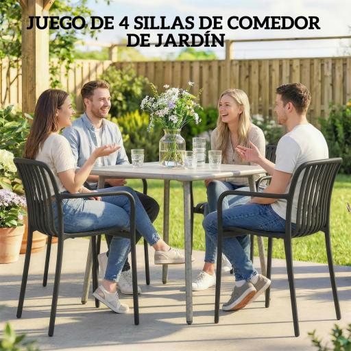 Juego de 4 Sillas de Jardín Exterior Apilables de PP con Respaldo Curvado Asiento de Listones 55x58,5x81,5 cm Negro [6]