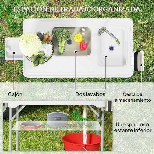 Mesa Plegable para Camping con 2 Fregaderos Manguera de Drenaje Estación de Limpieza y Grifo Blanco [6]