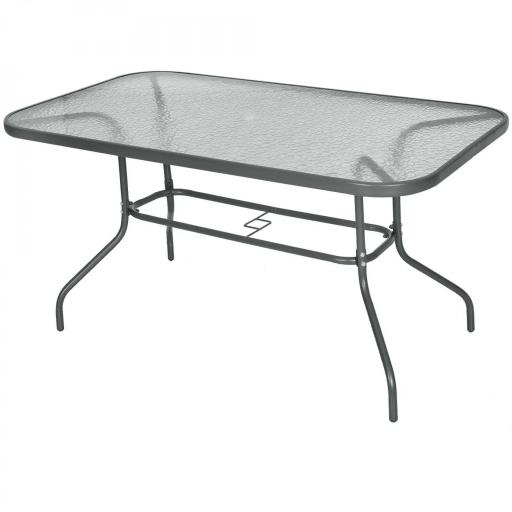 Mesa de Jardín Exterior Rectangular de Metal Bordes Curvos con Orificio para Sombrilla Capacidad 70kg Vidrio Templado 140x80x70 cm Gris Carbón [10]