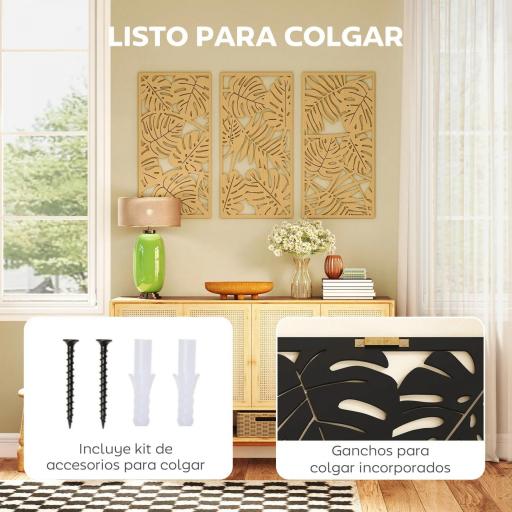 Decoración de Pared de Madera 3D 3 Piezas 40x80 cm Adornos de Pared con Patrón de Hojas Tropicales Madera Natural [6]