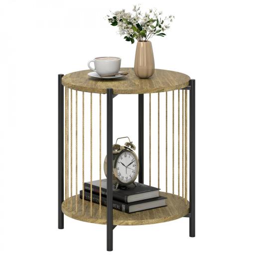 Mesa Auxiliar Redonda de 2 Niveles con Estante y Estructura de Acero para Salón Dormitorio 43,5x43,5x51 cm Natural [9]